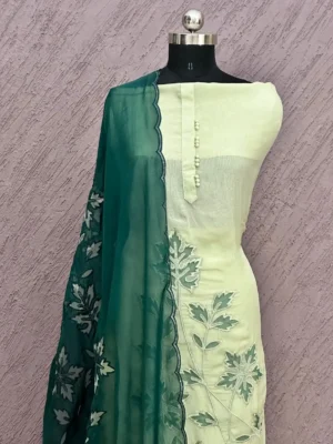 Organza with Cutwork Unstitched Suit Cream & Pastel Green Embroidered