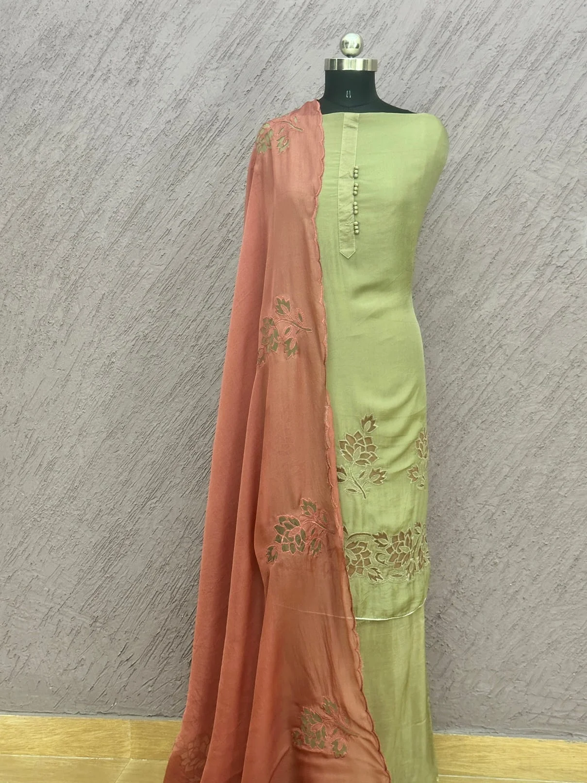 Organza with Cutwork Unstitched Suit Green & Rust-Orange - Image 2