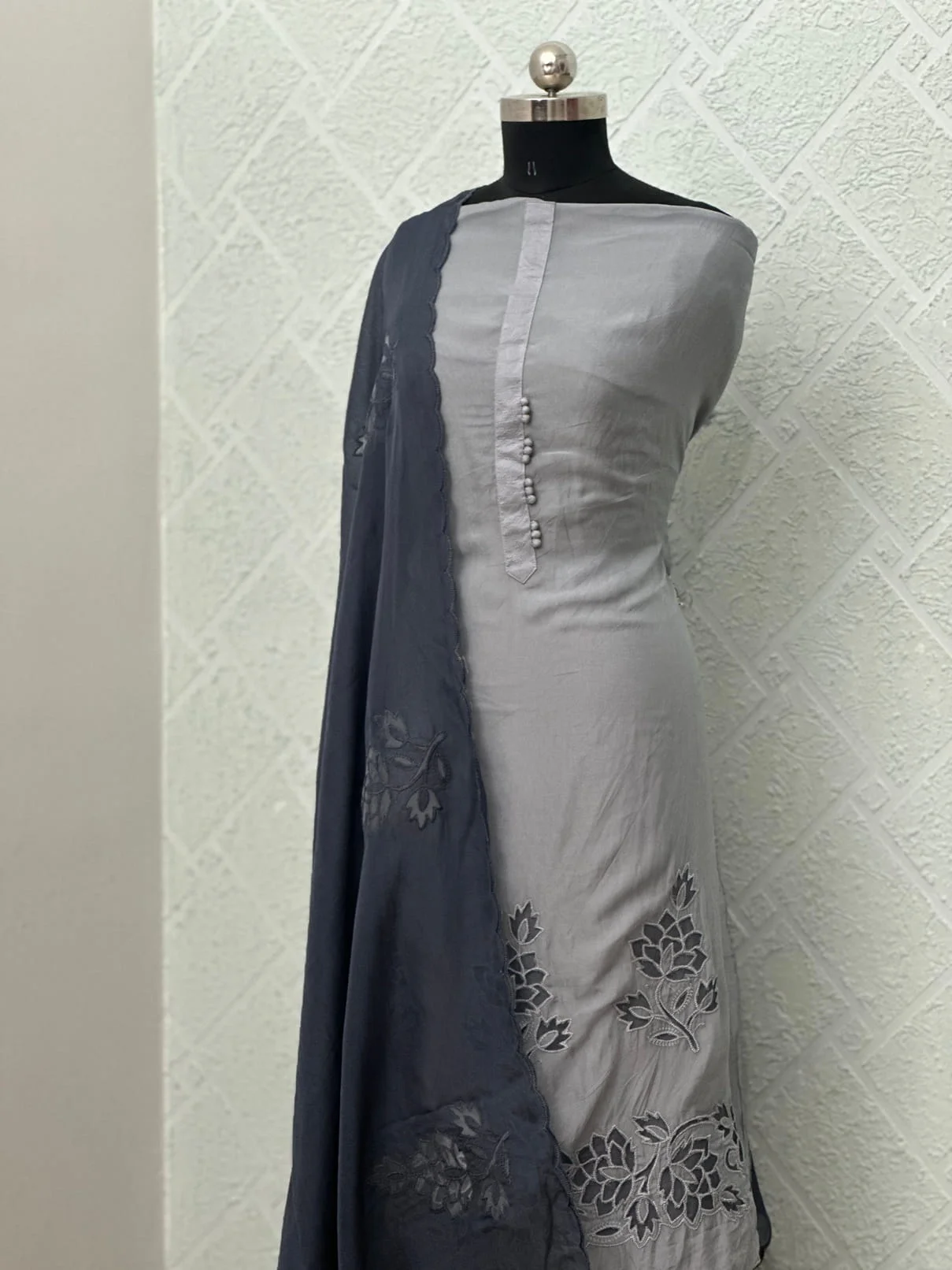 Organza Cutwork Grey Embroidered Unstitched Suit with Floral Pattern