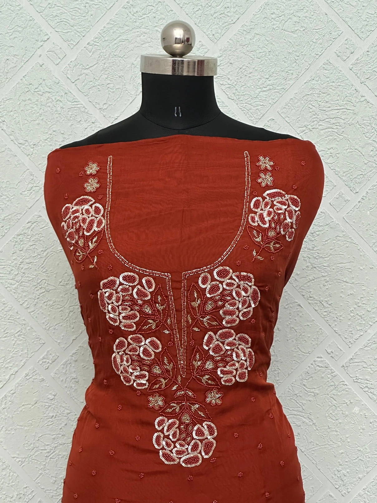 Rust viscose organza unstitched suit with floral embroidery