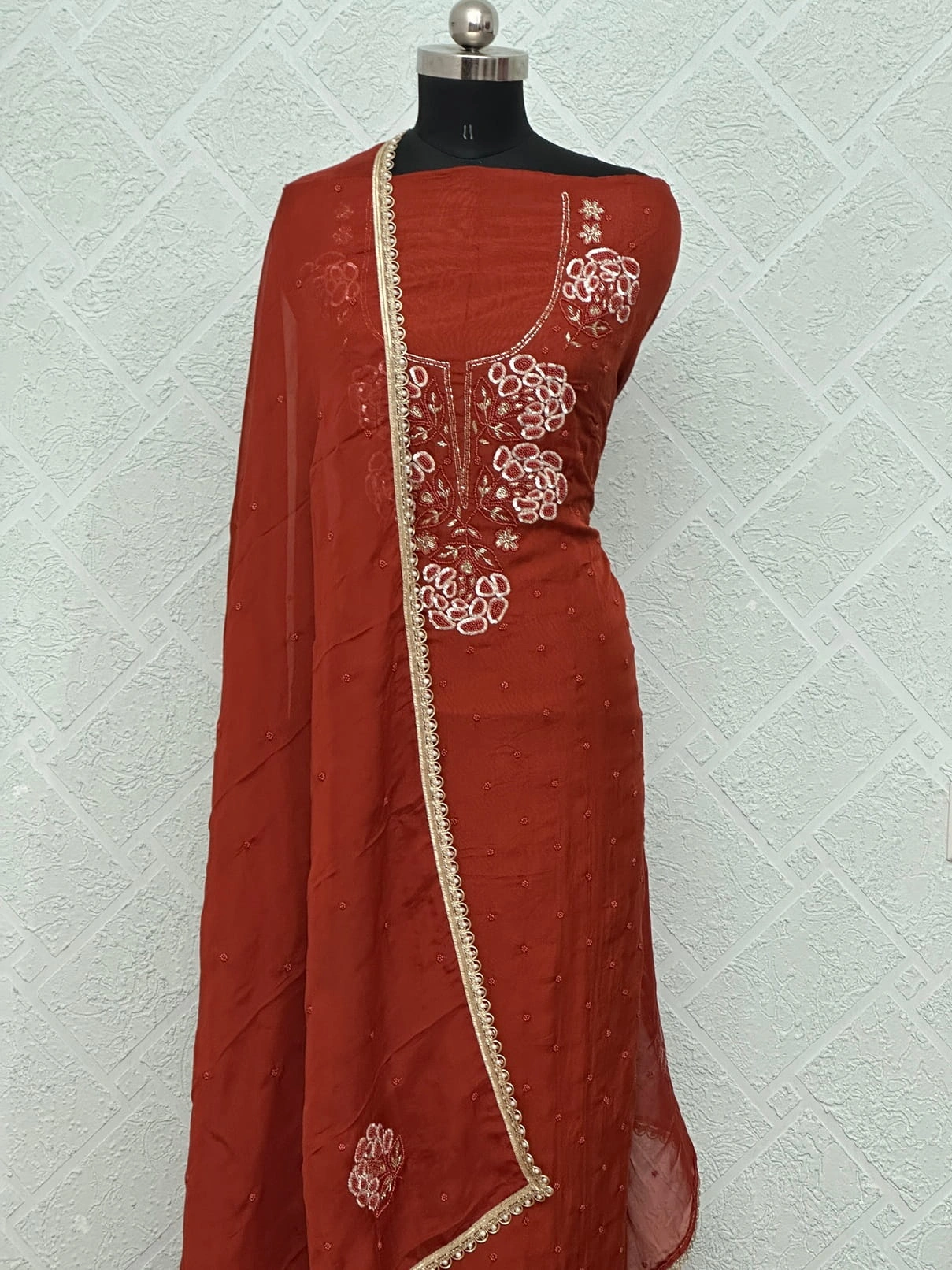 Viscose Organza Rust Embroidered Unstitched Suit Ethnic Wear - Image 3