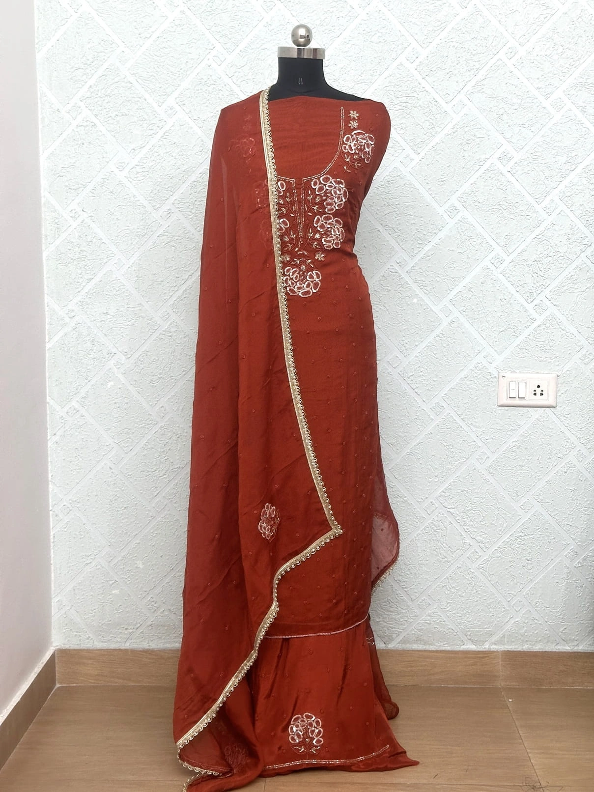 Viscose Organza Rust Embroidered Unstitched Suit Ethnic Wear - Image 2