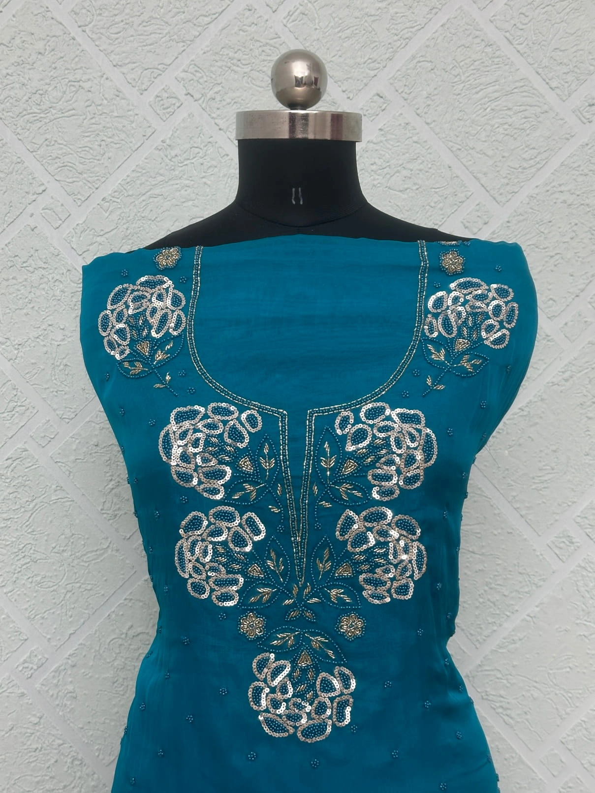 Viscose Organza Royal Blue Floral Embroidered Unstitched Suit - Image 2