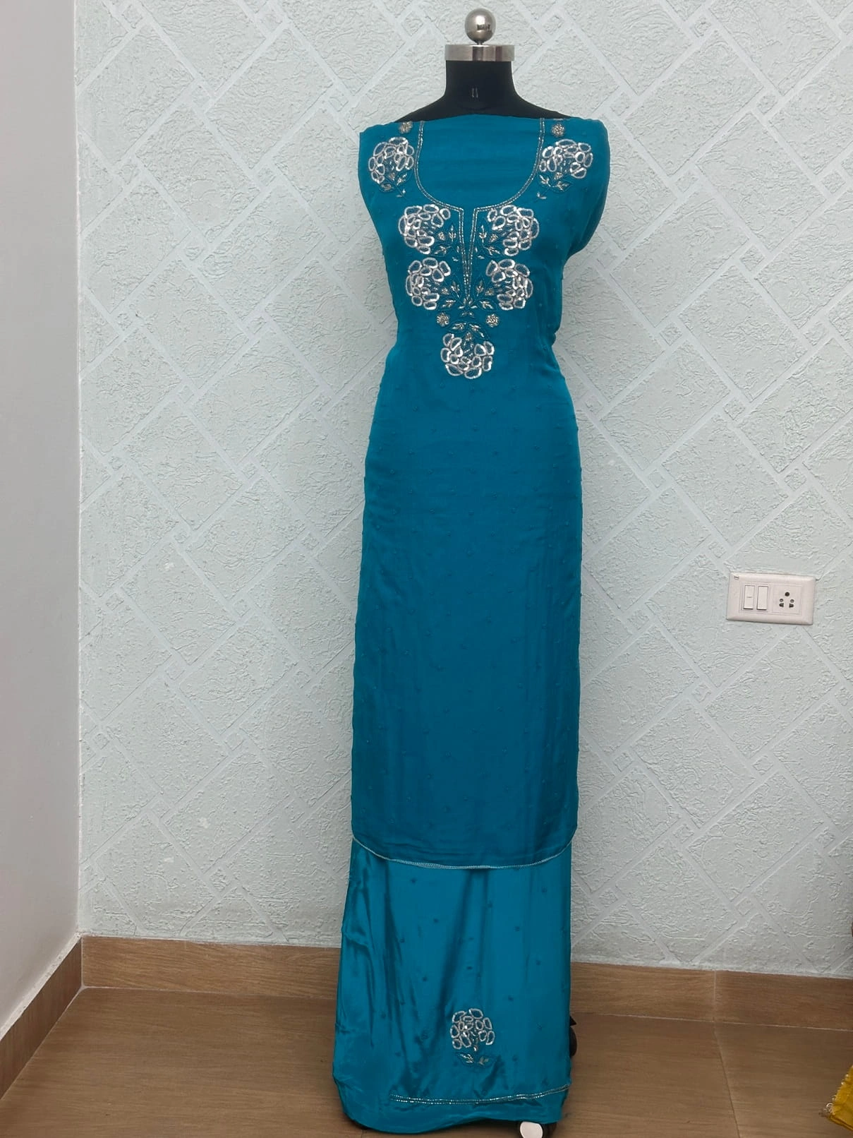 Viscose Organza Royal Blue Floral Embroidered Unstitched Suit - Image 4