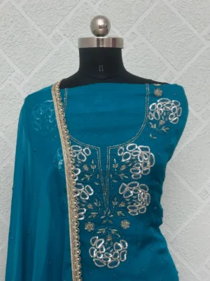 Viscose Organza Royal Blue Floral Embroidered Unstitched Suit with Lace Dupatta