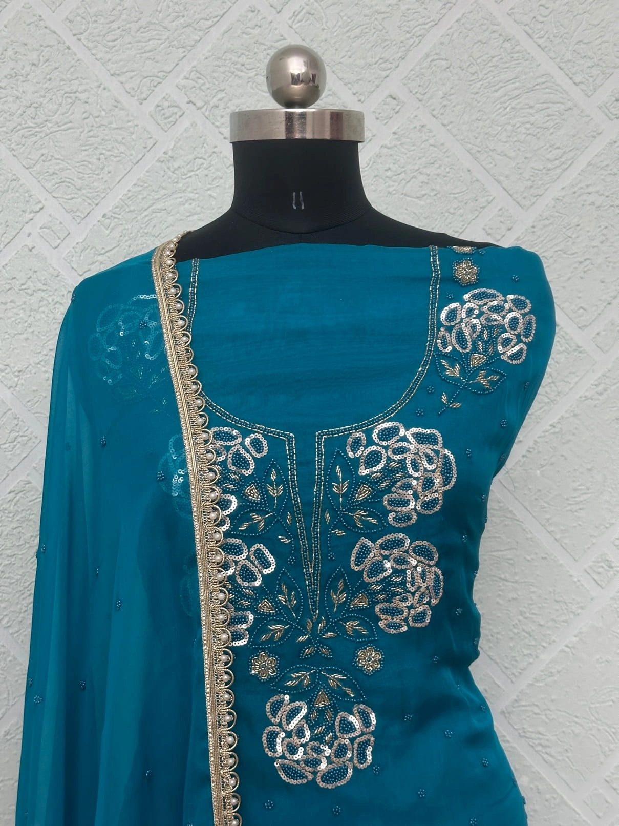 Viscose Organza Royal Blue Floral Embroidered Unstitched Suit with Lace Dupatta