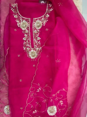 Shimmer Tissue Vibrant Pink Floral Embroidered Unstitched Suit