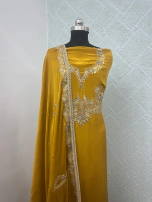 Mustard Yellow Unstitched Suit Pure Crave Fabric Silver Embroidery