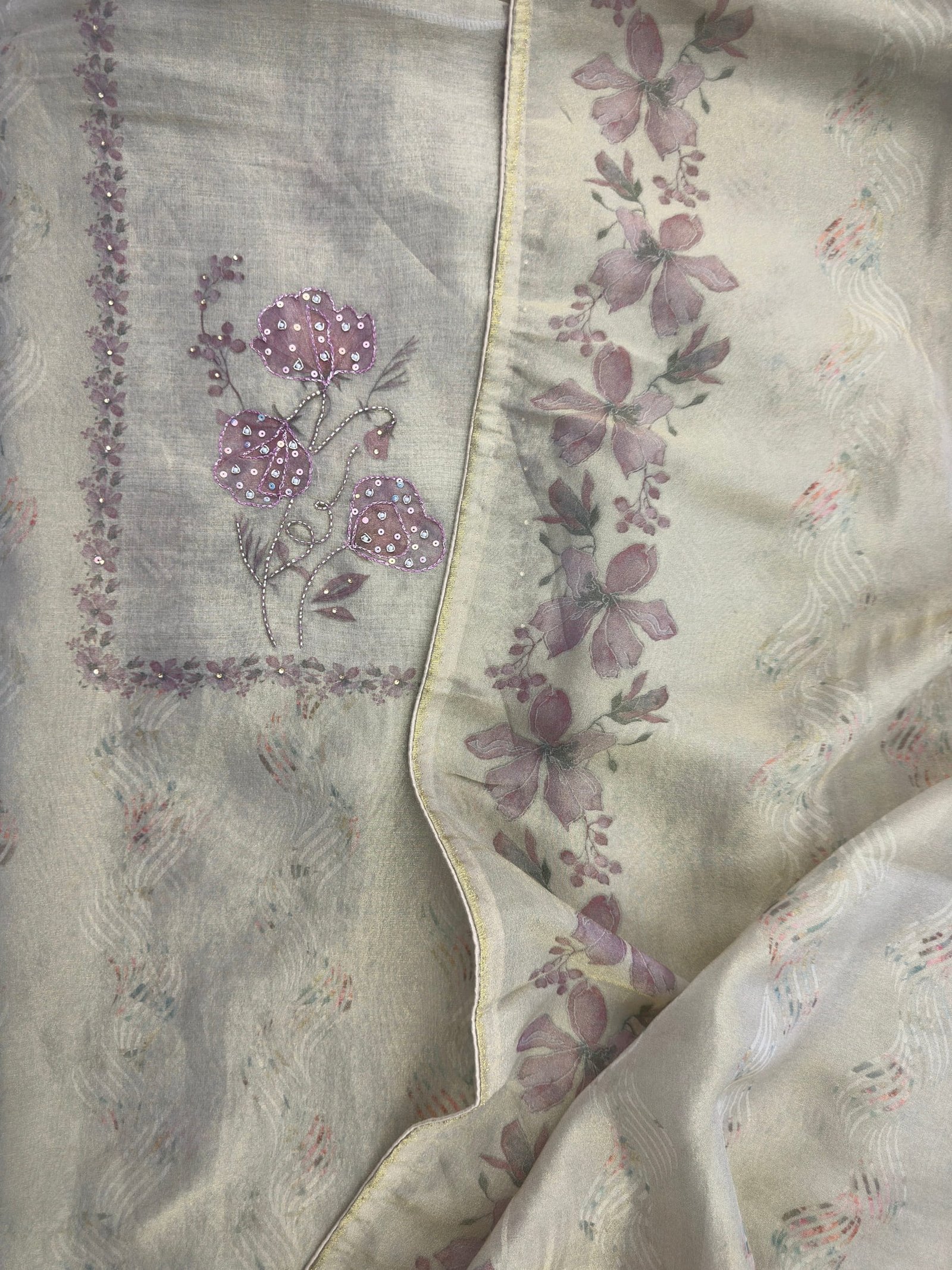 Shimmer Fabric Unstitched Suit Beige-Gold Floral Embroidery - Image 4