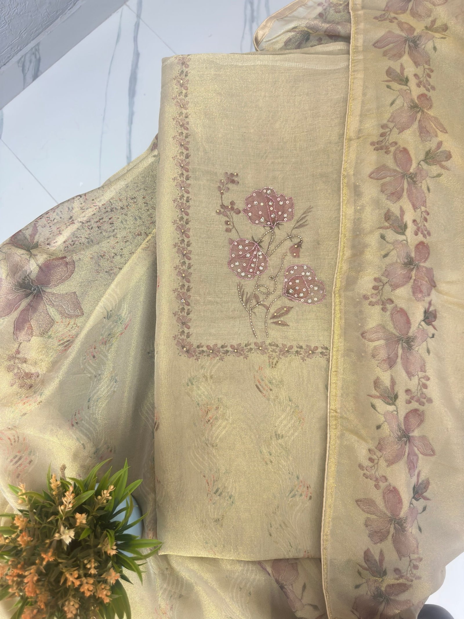 Shimmer Fabric Unstitched Suit Beige-Gold Floral Embroidery - Image 2