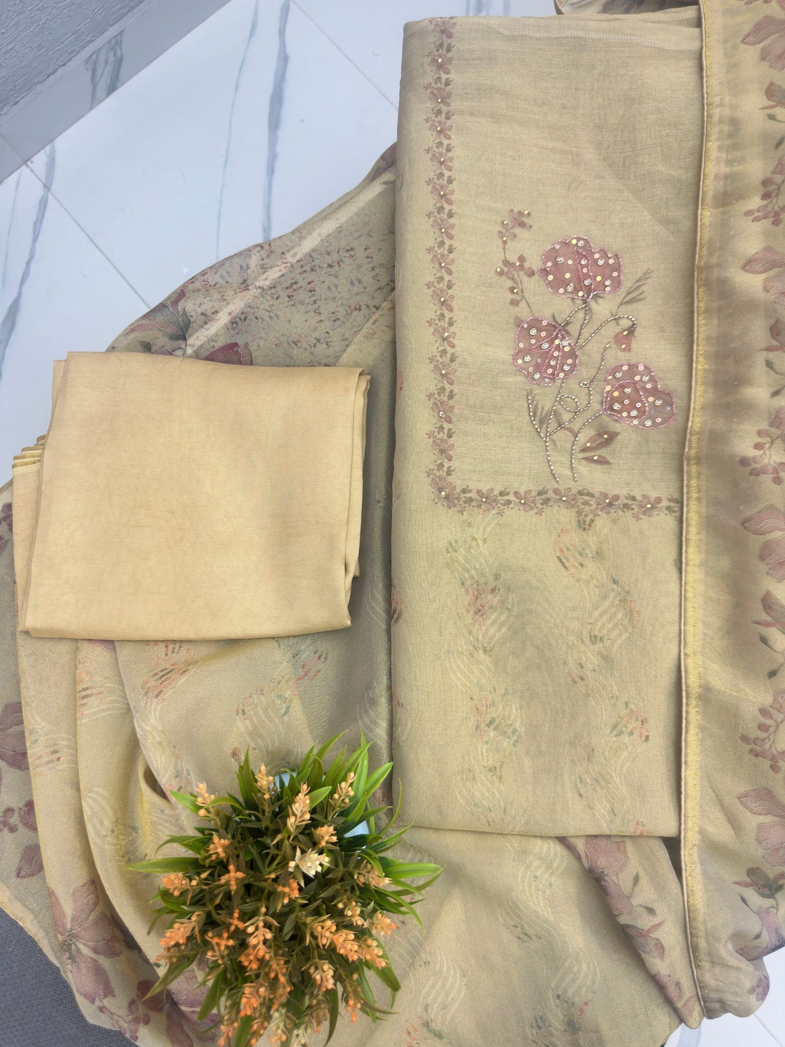 Shimmer Fabric Unstitched Suit Beige-Gold Floral Embroidery - Image 3