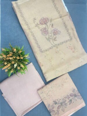 Shimmer Fabric Unstitched Suit Beige-Gold