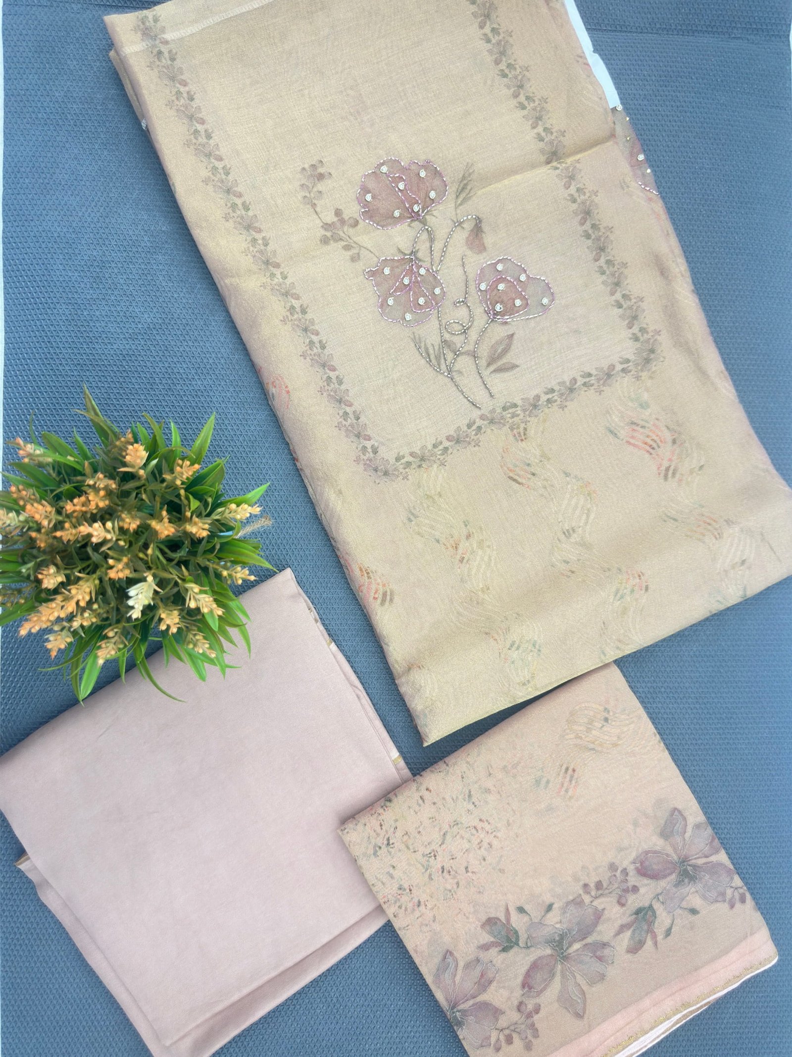 Shimmer Fabric Unstitched Suit Beige-Gold