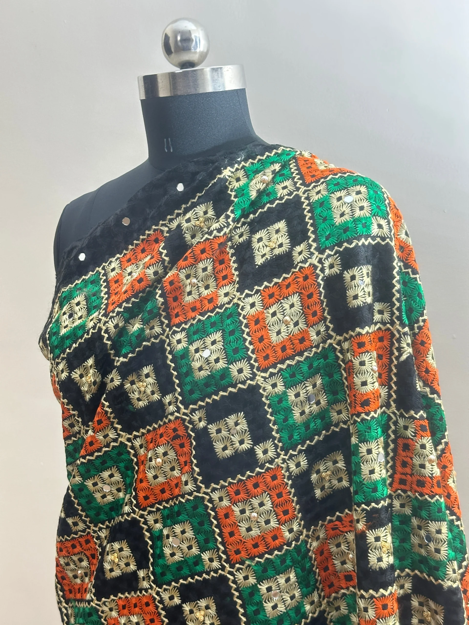 Semi Chinnon Phulkari Dupatta with Mirror Work - Image 5