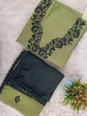 Cotton Fabric | Olive Green & Black Suit | Floral Embroidery Pattern | Unstitched Suit
