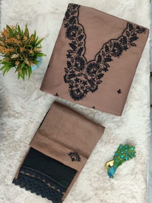 - Cotton Punjabi Suit Brown Black Floral Embroidery