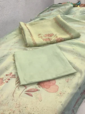 Shimmer Fabric Light Green Floral Embroidery Unstitched Suit