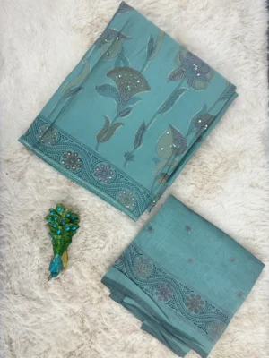 Cotton Teal Green Unstitched Suit