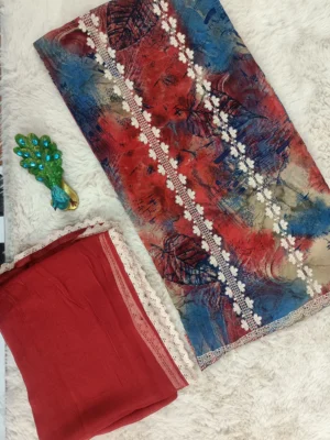 georgette-unstitched-suit-red-multicolor-lace-dupatta