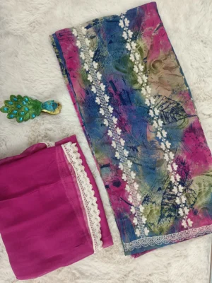 Georgette Unstitched Suit Magenta Multicolor Lace Panel Abstract Pattern