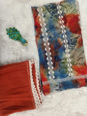 Georgette Unstitched Suit Rust-Orange Multicolor Panel Embroidery