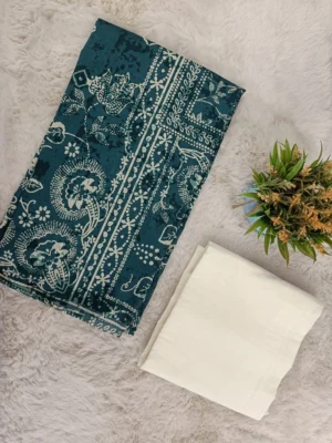 Cotton Unstitched Suit Dark Green White Printed Fabric