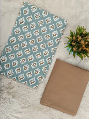 Cotton Unstitched Suit Teal Brown Printed Leaf Floral Pattern