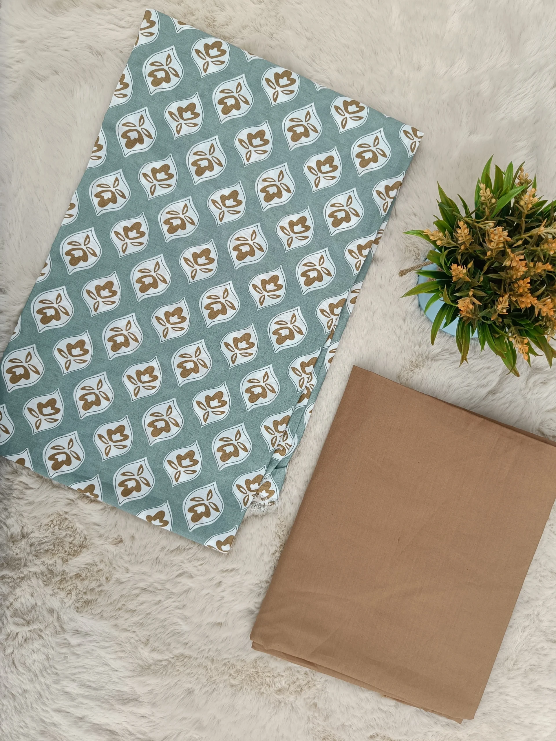 Cotton Unstitched Suit Teal Brown Printed Leaf Floral Pattern