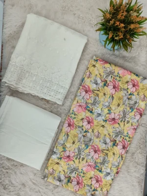 Cotton Unstitched Suit White Multicolor Floral Printed Pattern