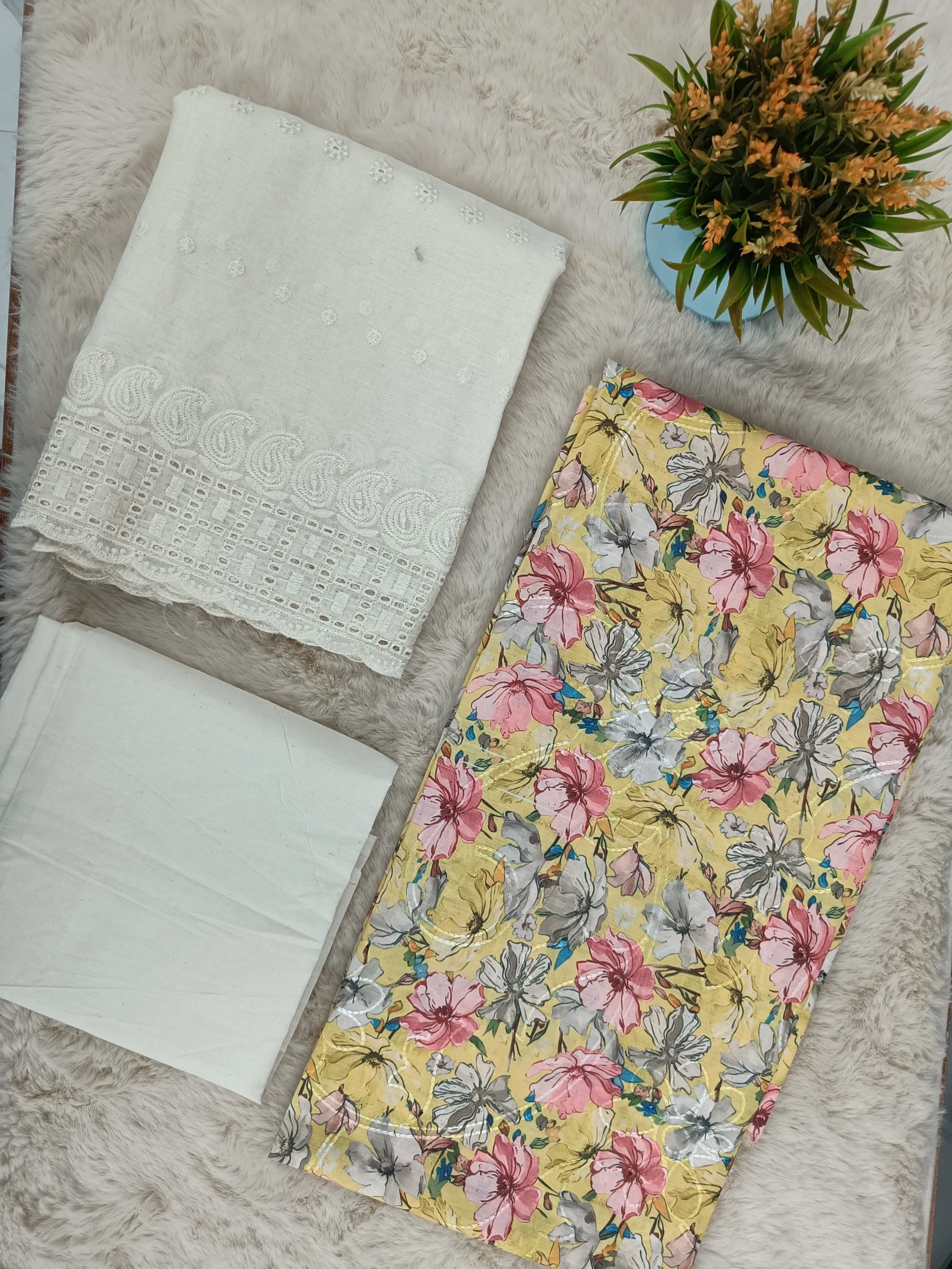 Cotton Unstitched Suit White Multicolor Floral Printed Pattern