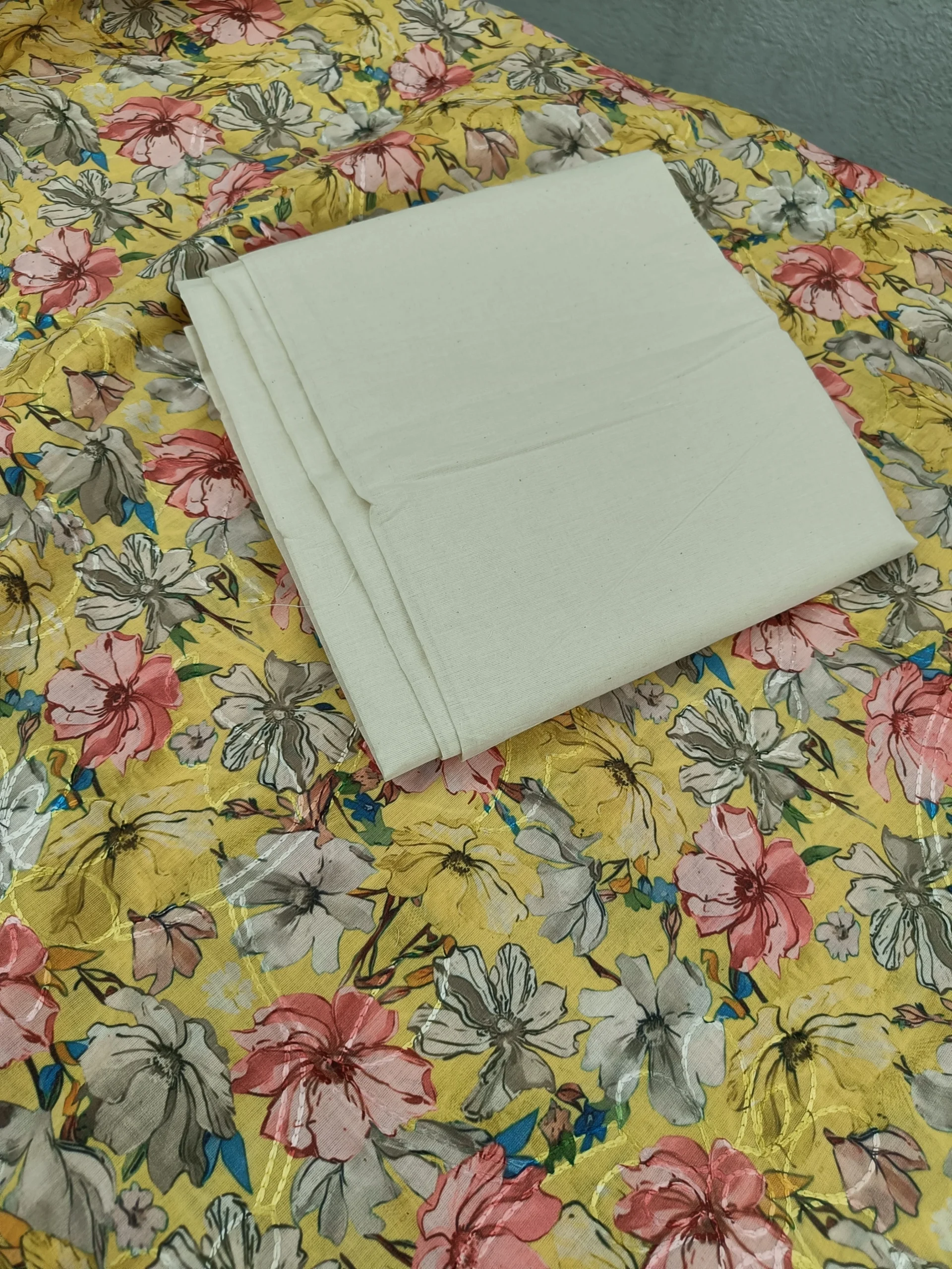 Cotton Fabric | White & Multicolor Floral Suit | Printed Pattern | Unstitched Suit - Image 2