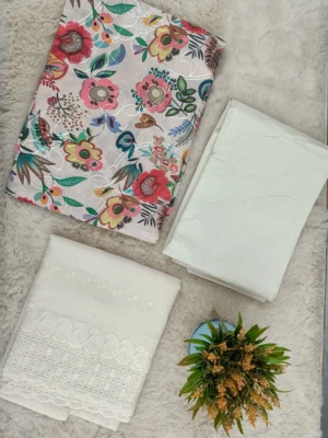 Cotton Unstitched Suit Floral Printed Chikan Dupatta