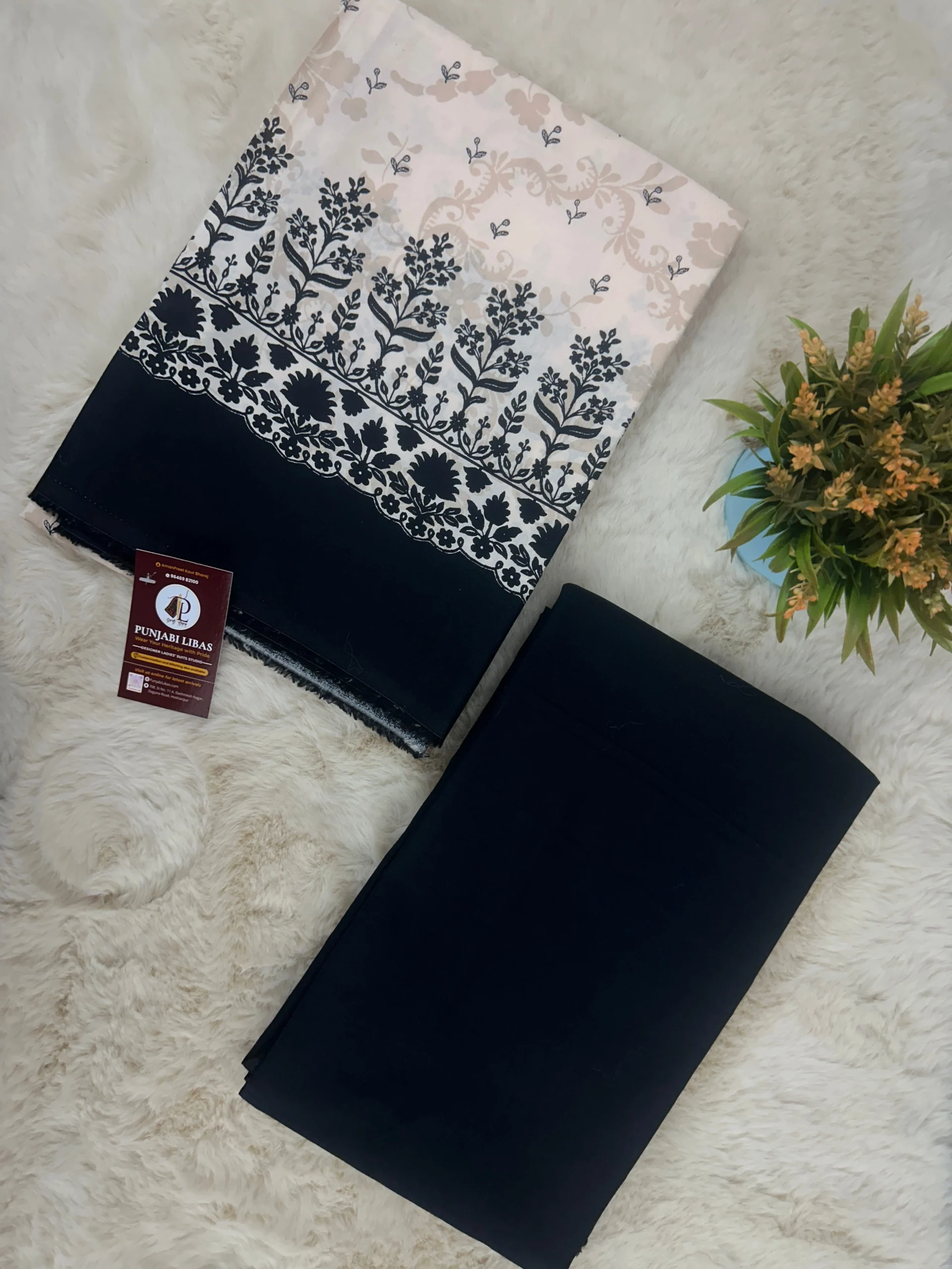 Cotton Unstitched Suit Black Beige Floral Printed