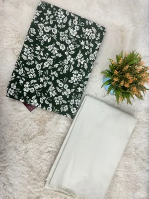 Cotton Unstitched Suit Dark Green Floral Print