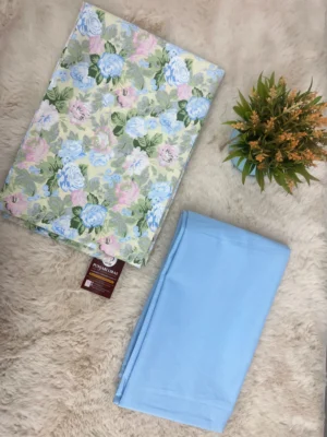 Cotton Unstitched Suit with Floral Yellow Top and Light Blue Bottom Fabric