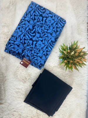 Cotton Fabric | Black & Blue Floral Contrast | Printed Pattern | Unstitched Suit