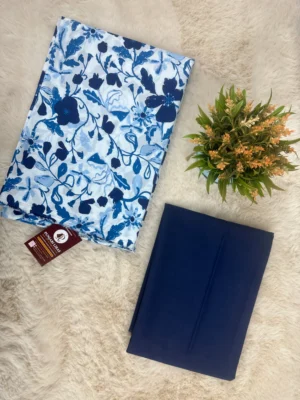 Cotton Fabric | Dark Blue & White | Floral Printed Suit | Unstitched Suit