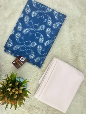 Cotton Fabric | White & Blue Suit | Paisley Printed Pattern | Unstitched Suit