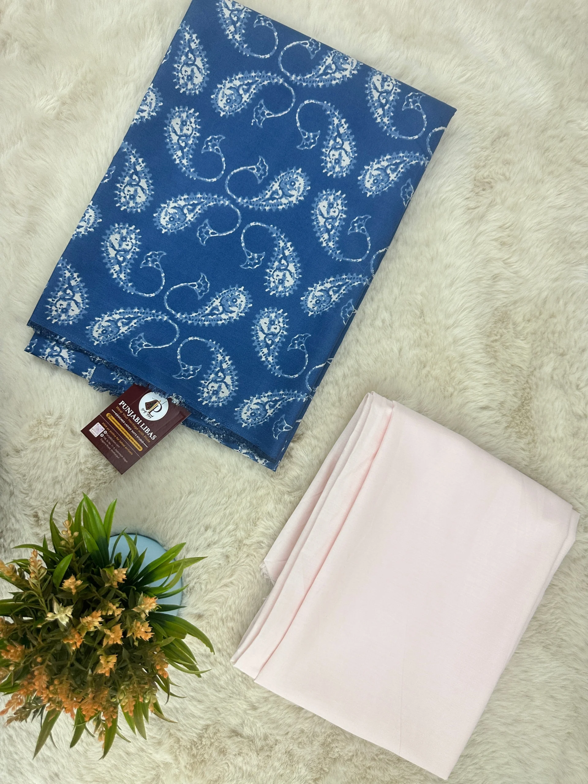 Cotton Fabric | White & Blue Suit | Paisley Printed Pattern | Unstitched Suit