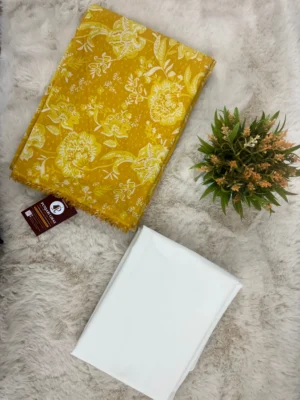 Cotton Unstitched Suit White Yellow Floral Printed