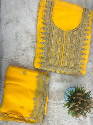 Yellow crepe embroidered unstitched suit with semi chinnon dupatta