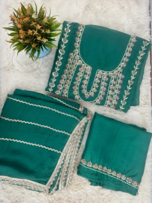 Green embroidered organza unstitched suit material with floral embroidery