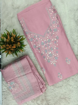 Muslin Pink Hand‑Paint Embroidery Unstitched Suit