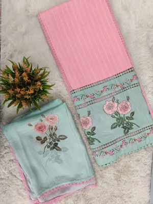 Cotton Unstitched Suit | Pink & Teal Embroidered Printed Set | Semi Chinnon Dupatta