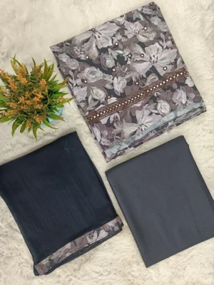 Cotton Fabric | Gray & Mauve Floral Suit | Printed Pattern | Unstitched Suit