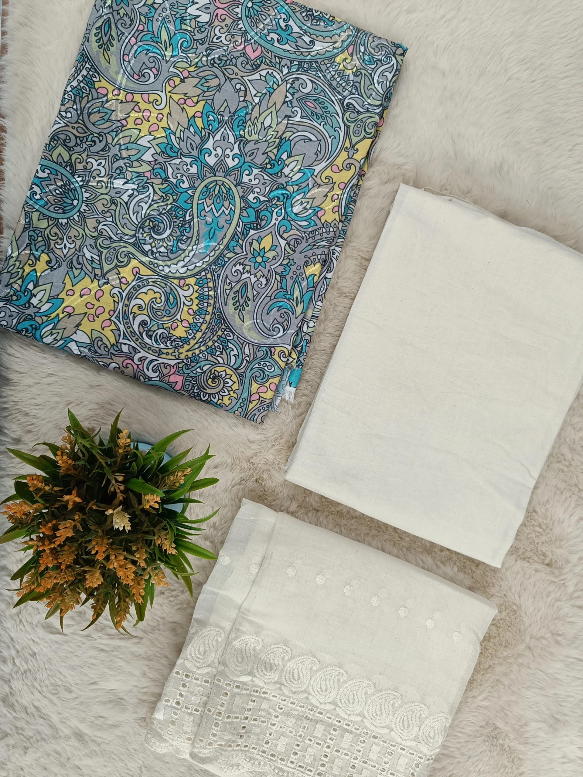 Cotton Fabric | White & Multicolor Paisley | Printed Embroidery | Unstitched Suit