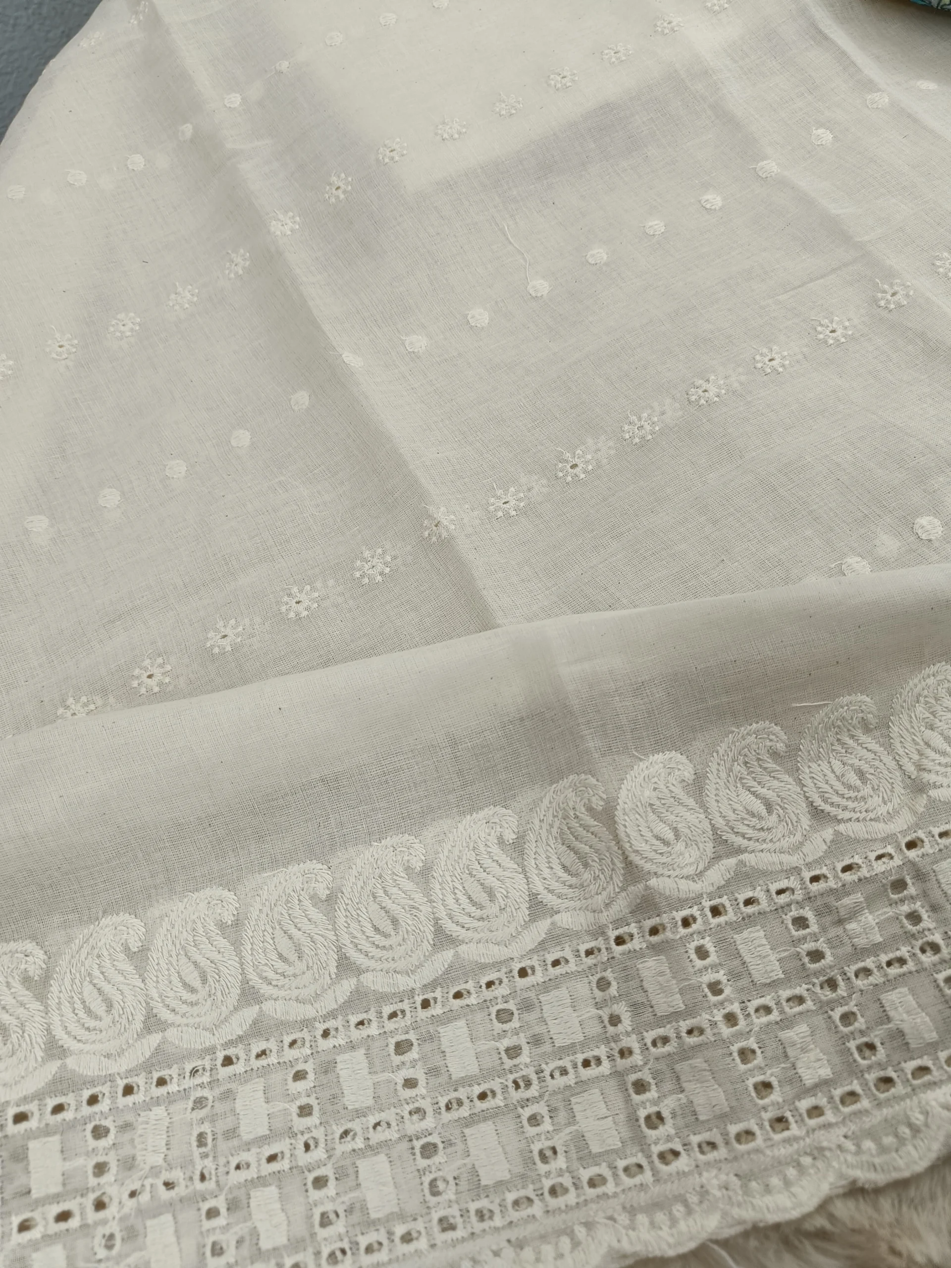 Cotton Fabric | White & Multicolor Paisley | Printed Embroidery | Unstitched Suit - Image 3