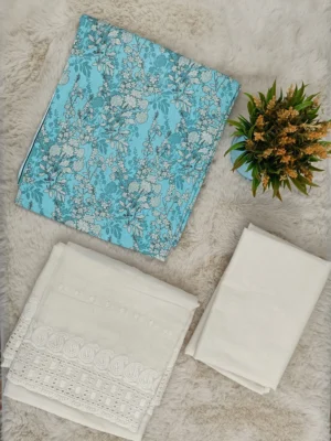Cotton Unstitched Suit White Blue Floral Chikan Dupatta