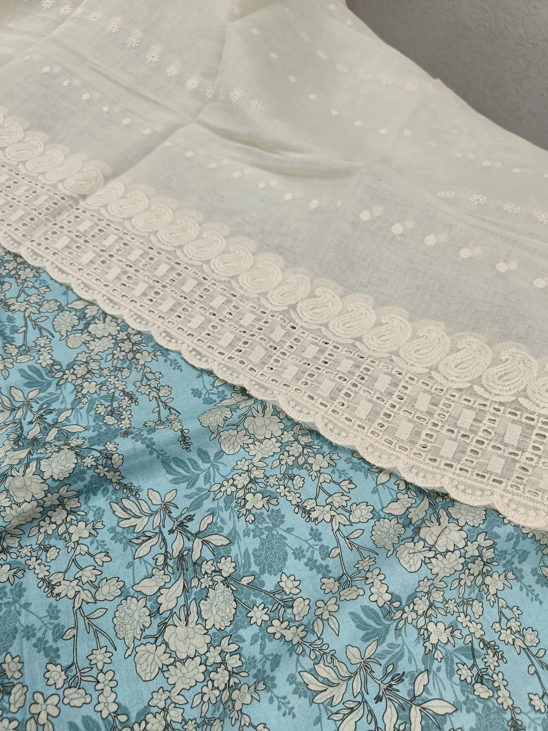 Cotton Fabric | White & Light Blue Suit | Floral & Lace Printed | Unstitched Suit - Image 2