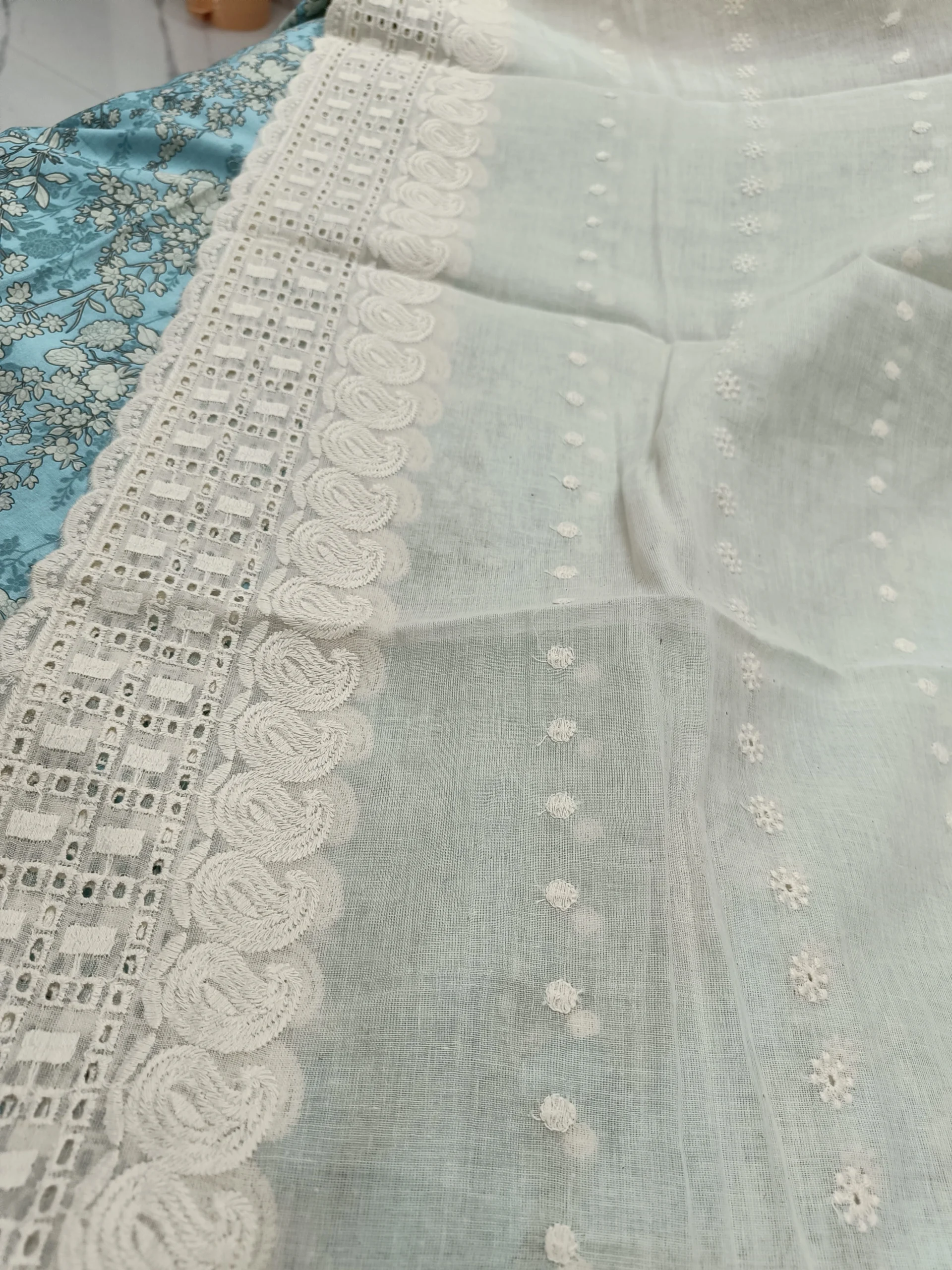 Cotton Fabric | White & Light Blue Suit | Floral & Lace Printed | Unstitched Suit - Image 3